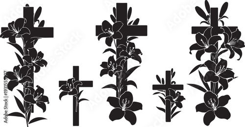 Black crosses with flowers on white background illustration set