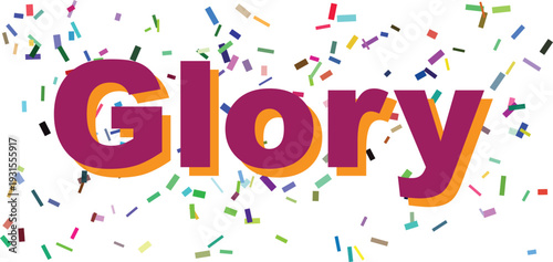 Distinctive purple Glory text with an orange shadow, highlighted by scattered colorful confetti on a crisp white backdrop