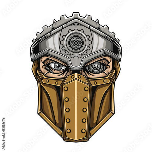 Steampunk Warrior Face with Bionic Eye and Mechanical Mask Illustration