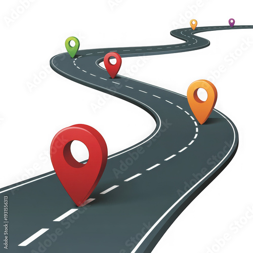 3D location pins on winding road map navigation travel route guide