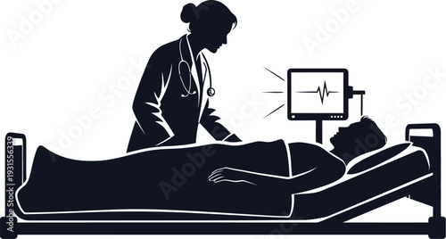 Silhouette vector graphic illustrating a female doctor checking a patient lying down near a vital signs monitor display