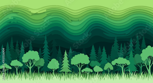 Vibrant Green Layered Paper Cut Forest Landscape with Stylized Trees, Rolling Hills, and Lush Grass: Nature Ecology Background