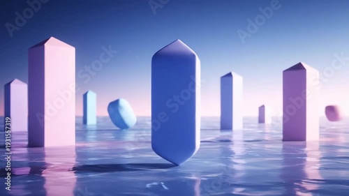 Abstract 3D city skyline emerging from water with colorful sky background
