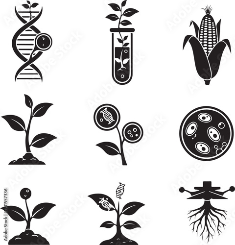 Collection of biotechnology and genetic engineering icons representing various aspects of plant science research