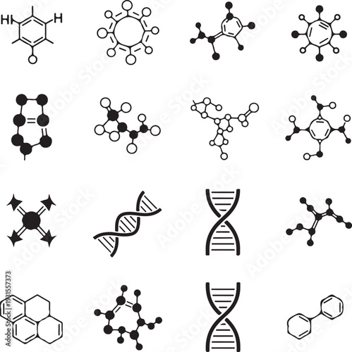 Collection of molecular structure diagrams and DNA illustrations isolated on transparent background
