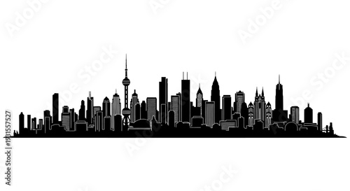 black vector shanghai skyline silhouette featuring iconic skyscrapers and architecture perfect for global travel and urban development concepts.