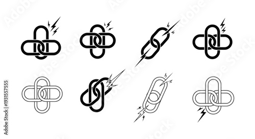 collection of broken link icons and connection error symbols in various styles for web design and digital communication problems