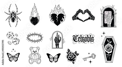 Collection of various tattoo style black and white illustrations including insects, hearts, hands, coffin, isolated on white background