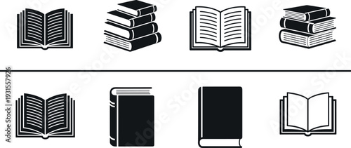 Open and Closed Book Icon Set Library Literature Education Solid and Outline Vector Collection