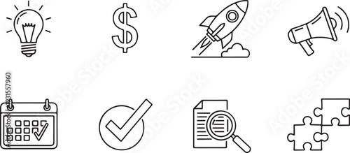 Icons representing various aspects of business, finance, and problem-solving isolated on transparent background, Vector