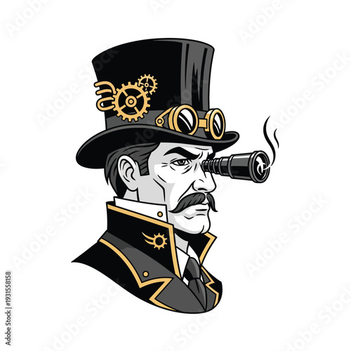 Steampunk Gentleman Explorer with Monocle & Top Hat - Victorian Visionary, Inventor, Investigator with Gears Illustration