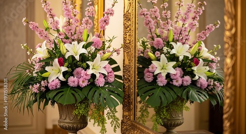 Wallpaper Mural A mirror reflects a large bouquet of pink and white flowers in ornate vases with greenery in a room with a gold-framed mirror and warm beige walls. Torontodigital.ca