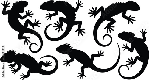 Black gecko and lizard silhouette vector collection isolated on white background, reptile illustration set for logo, tattoo and stencil design