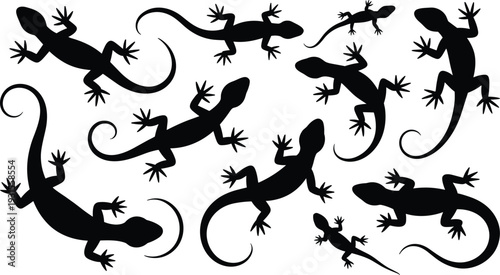 Black gecko lizard silhouette vector collection isolated on white background, reptile illustration bundle for logo, tattoo, stencil and wildlife design