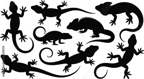 Black gecko and lizard silhouette vector set isolated on white background, reptile collection illustration for logo, tattoo and design