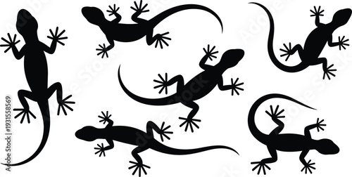 Black gecko lizard silhouette vector set isolated on white background, reptile illustration collection for logo, tattoo, stencil and design