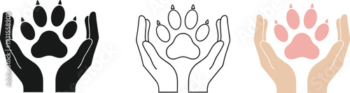 Hands holding paw print icon set in black silhouette, outline, and colored design, symbolizing animal care, protection, pet adoption, and veterinary support for projects.