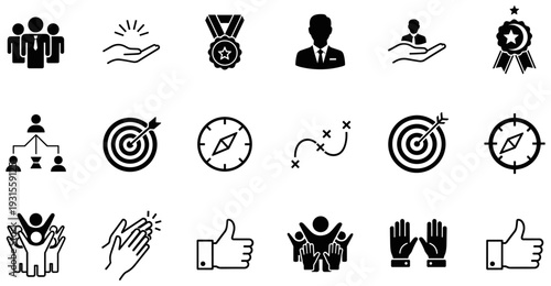 Set of business success and teamwork black icons featuring leadership, strategy targets, achievement medals, and employee appreciation symbols isolated on a white background.