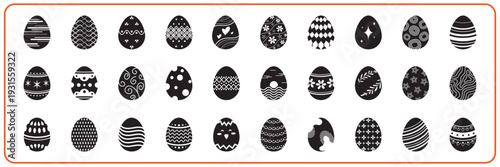 Black Silhouette Set of Decorative Easter Eggs with Various Patterns
