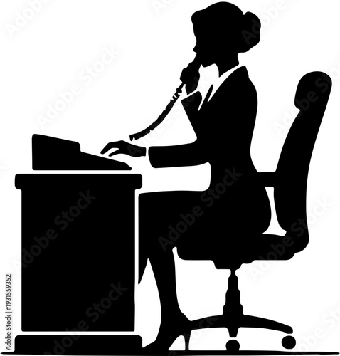 Silhouette of a professional secretary or receptionist working at a desk and talking on the phone