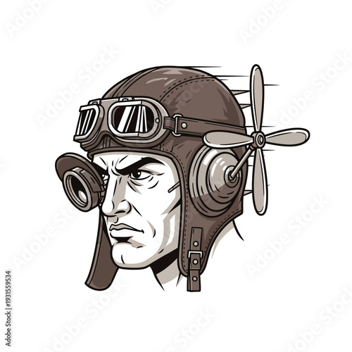Vintage Aviator Pilot Head with Propeller Helmet & Goggles - Retro Flying Cartoon Vector