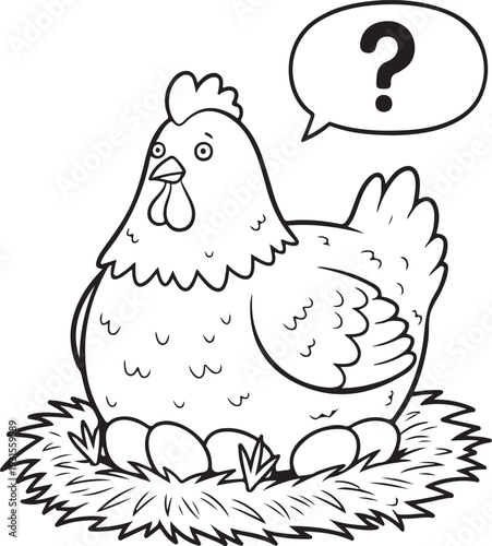 A curious chicken stands next to a nest with eggs, pondering a question. isolated on transparent background, Vector