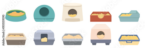 Colorful Set of Cat Litter Boxes and Pet Toilet Containers