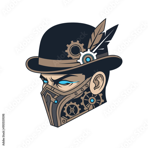 Mysterious Steampunk Character Head Vector with Mask, Bowler Hat, Gears, Feathers, and Glowing Blue Eyes