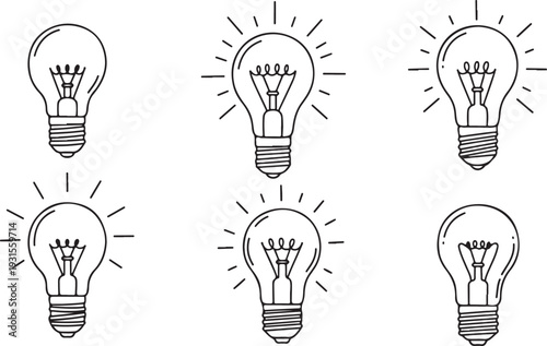 Seven light bulbs with glowing filaments depicted in a minimalist style isolated on transparent background, Vector