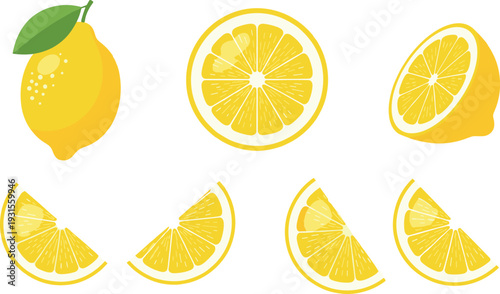 Lemon Fruit and Slices Icon Set Fresh Citrus Food Vector Illustration Collection