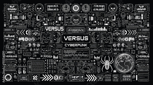 Black and white versus typography collage with various symbols and words on a black background
