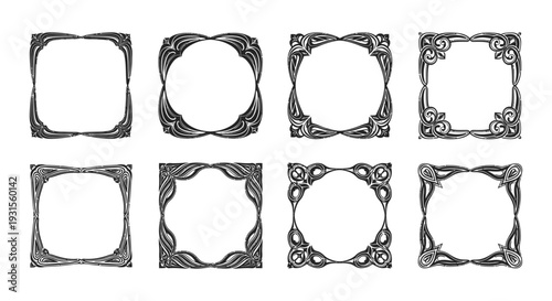 eight ornate decorative frames with elegant art nouveau swirls perfect for vintage graphic design and historical projects
