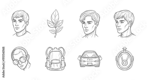 minimalist line art collection featuring diverse sketches of male faces a plant branch backpack car and vintage steering wheel for graphic assets