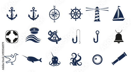 set of nautical marine icons illustrating sea symbols sailing adventures and travel elements in a clean graphic vector style