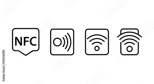 set of wireless technology icons including nfc wifi and contactless payment symbols on white perfect for digital connectivity uiux.