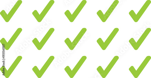 Set of green check mark icons and tick symbols representing success, approval, completed tasks, right choices, and positive validation for business progress and web interface.