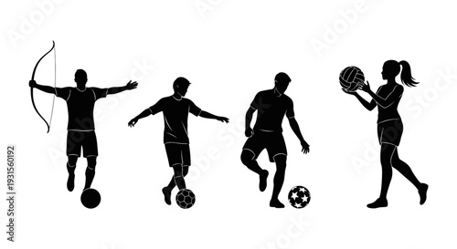 sports vector silhouettes of people playing archery soccer and volleyball illustrating various athletic activities.