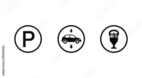 three essential parking icons the p symbol car with arrows and parking meter illustrating urban parking options and facilities.