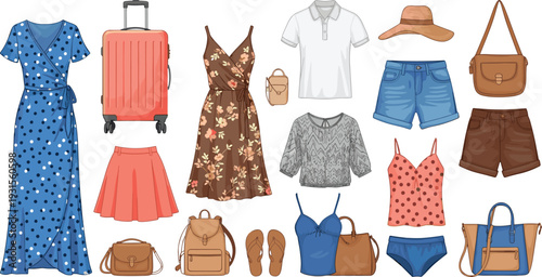 Summer Women Fashion Collection with Dresses Shorts Tops Bags and Travel Accessories Cartoon Vector Illustration Set