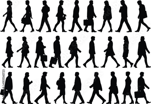 Black Silhouettes of People Walking in a Procession Against a White Background Keywords: silhouette, people, man, woman, walking