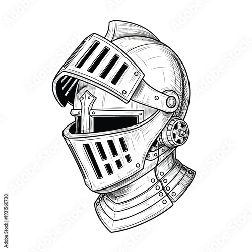 Medieval Knight Helmet Line Art Illustration - Historical Armored Headgear Engraving on White Background