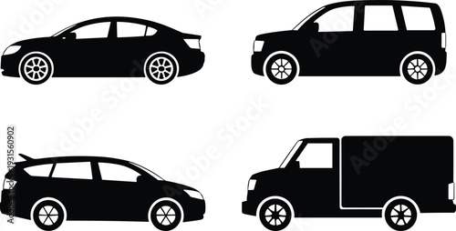 Car, SUV, wagon and delivery truck silhouette vector set isolated on white background, transportation vehicle illustration collection