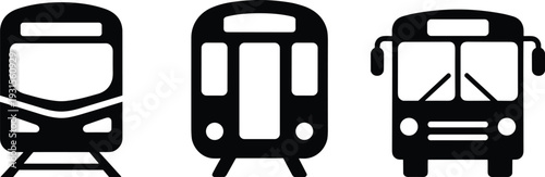 Train, metro and bus silhouette vector set isolated on white background, public transport front view icon collection