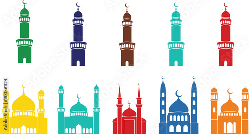 Set of Colorful Mosque Silhouettes and Minaret Towers Vector Illustration Icons for Ramadan Mubarak Kareem Eid al Fitr Islamic Celebration Design Elements Isolated on White Background