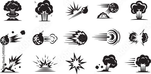 A collection of various explosion and impact illustrations in black and white isolated on transparent background