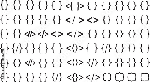 A complex arrangement of various types of brackets and symbols in a structured pattern isolated on transparent background