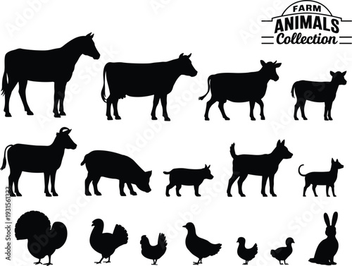 Collection of Black Silhouettes of Farm Animals and Barn Illustration on White Background horse
