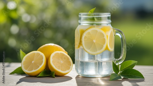 Refreshing Lemon Infused Water in a Mason Jar with Fresh Lemons, Mint, Outdoor Summer