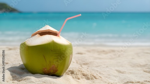 Fresh Green Coconut with Straw on Tropical Beach, Turquoise Ocean Paradise
