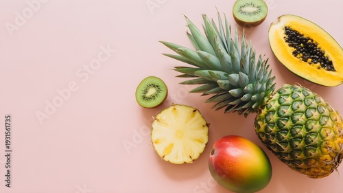 Tropical Fruit Flat Lay Pineapple Kiwi Papaya Mango Slices Pink Background